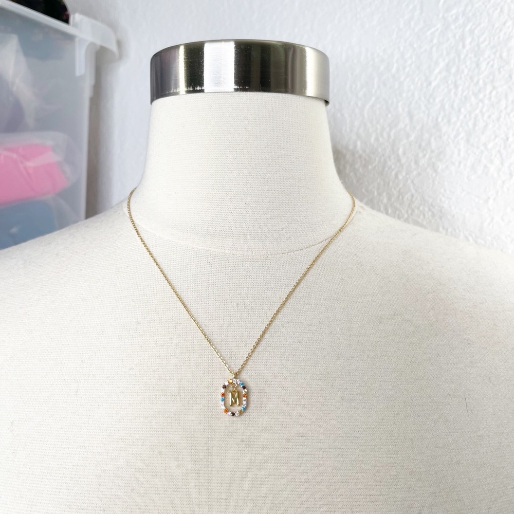 Gold S925 Sterling Silver Initial M Rainbow Multi-Color Stone Oval Necklace